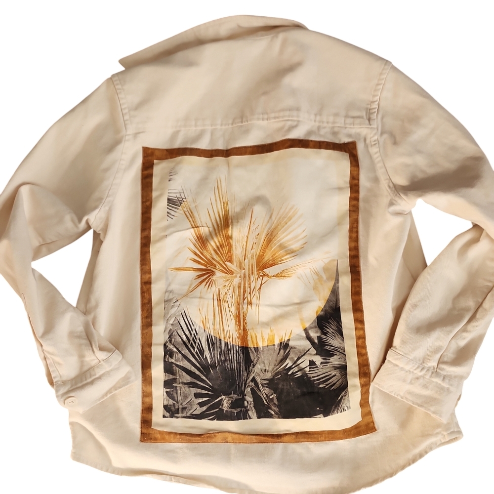 ZARA Men's  M Relaxed Fit off white denim jacket. SIlk Screened wheat theme.